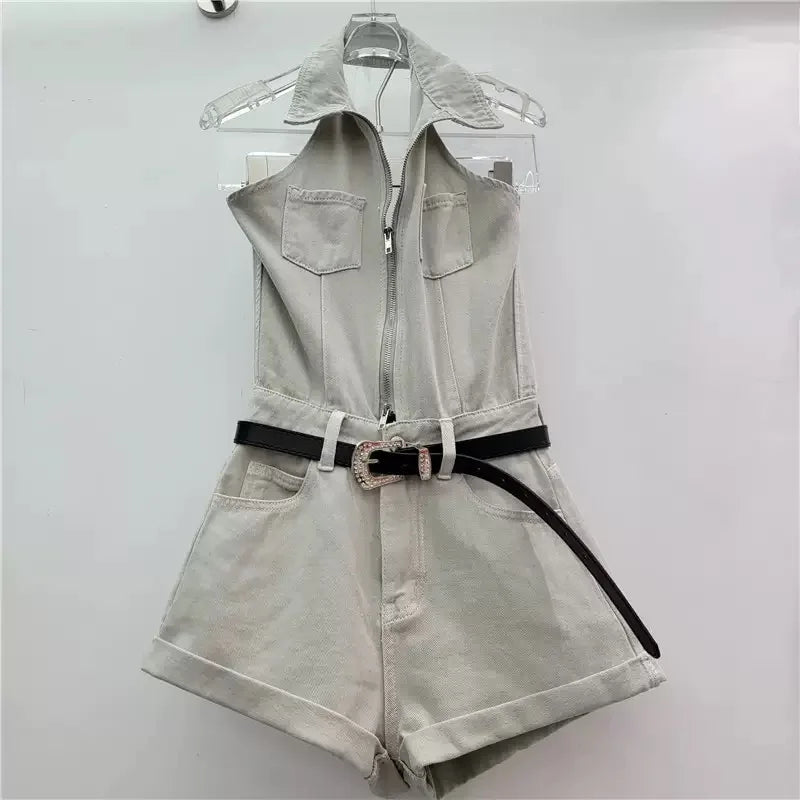 Sexy Blue Lapel Deep V Zipper Jumpsuit For Women Sleeveless Backless High Waist Hemmed Shorts Leisure Party Club Denim Jumpsuit