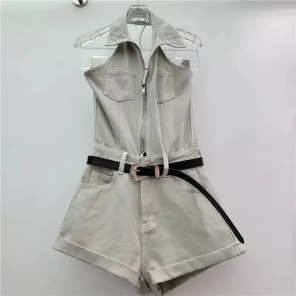Sexy Blue Lapel Deep V Zipper Jumpsuit For Women Sleeveless Backless High Waist Hemmed Shorts Leisure Party Club Denim Jumpsuit