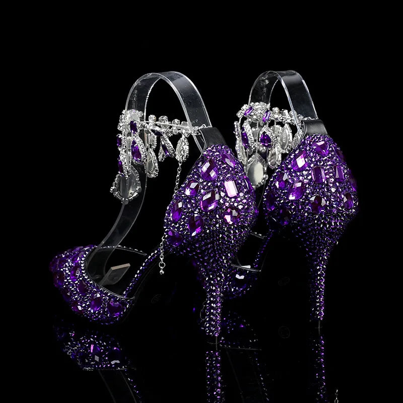 2024 Autumn Slim Heels Shallow Mouth Luxury Blue Water Diamond Pearl Women Single Shoes 9CM Wedding Party Shoes Sandalias Mujer