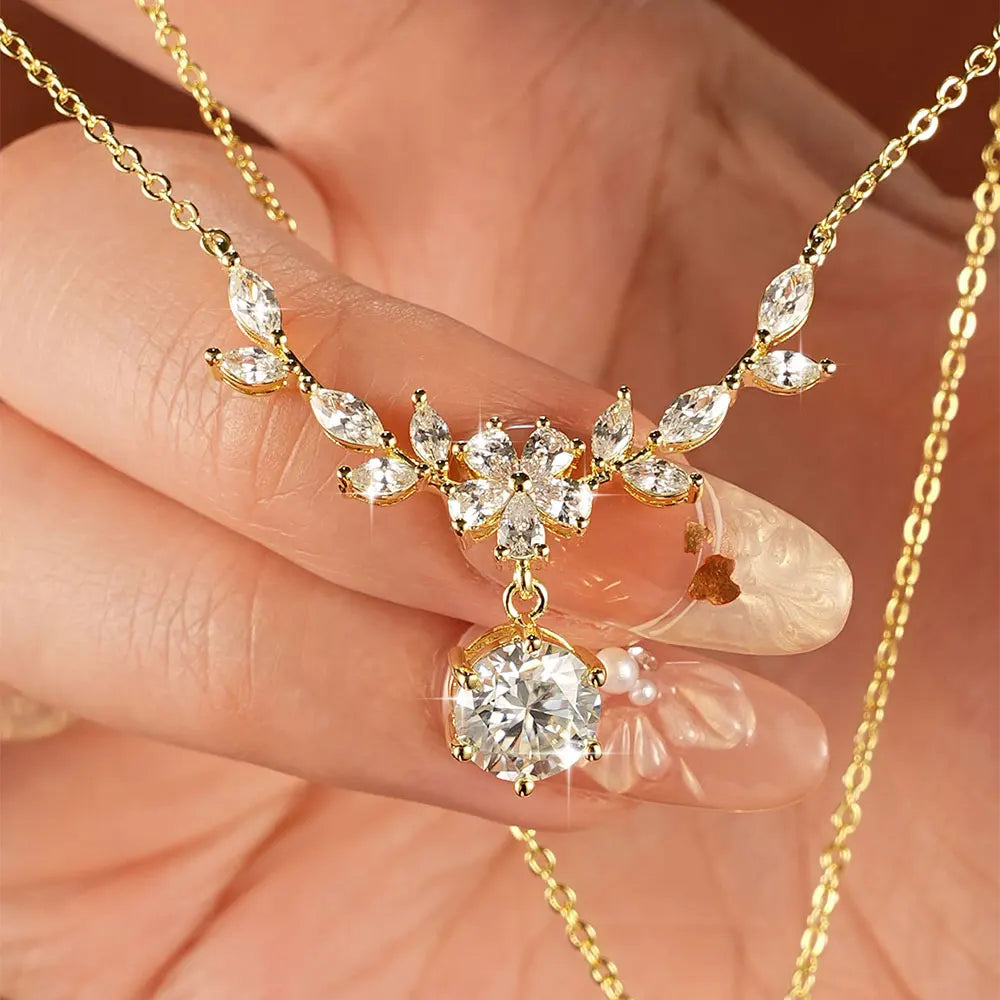 RAPRGOLD GRA Certified 2CT Moissanite Luxury Flower Pendant Necklaces for Women 14k Gold Filled Chains Neck Fine Jewelry Gifts