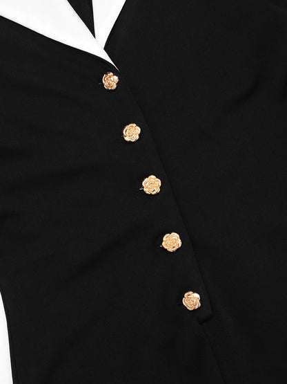 Weird Puss Elegant Lapel Patchwork Playsuits Women Hipster Long Sleeve Rose Button Stretch Activity Party Club Hipster Romper