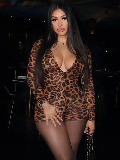 Dulzura Autumn Fashion Sexy V-Neck Long Sleeve Leopard Bodycon jumpsuit Women'S Casual Elegant Romper Party Club Street Clothes