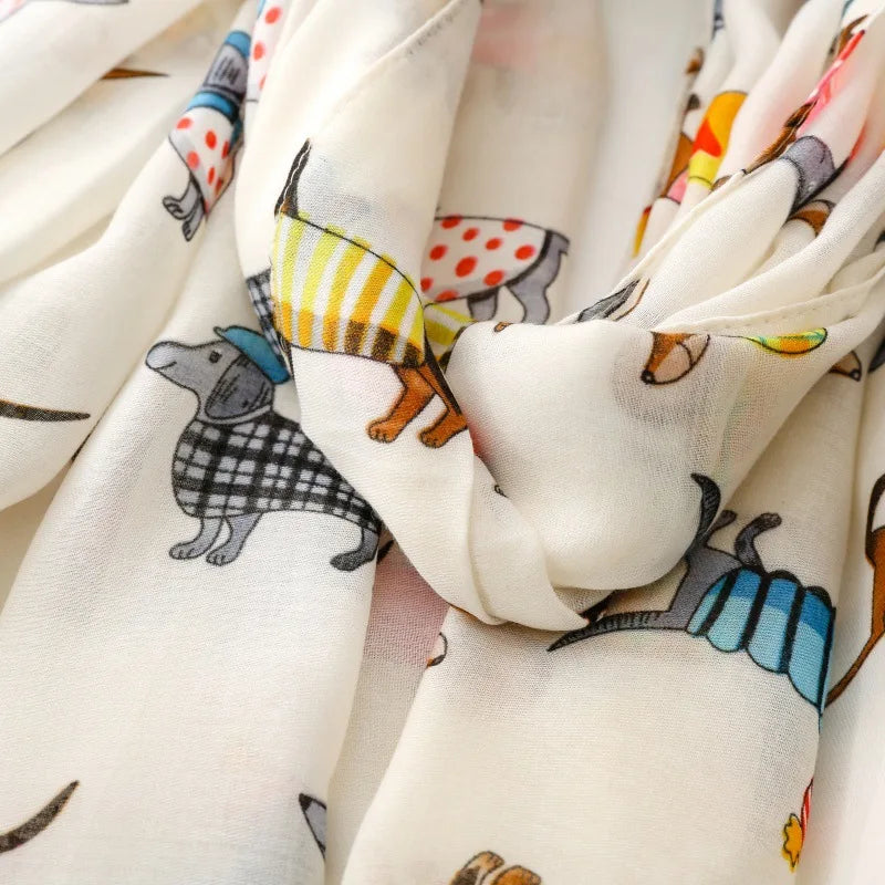 Cozy Dachshund Dog Cat Pattern Viscose Shawl for Women - 180x90Cm Fringe Detail Breathable Thin Wrap Scarves Autumn/Winter Snood