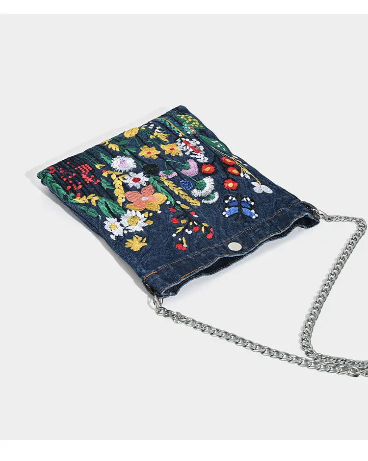 Embroidered Flowers Women Cowboy Shoulder Bag Fashion Chain Ladies Messenger Bags Denim Handbag Personality Trend Student Bag