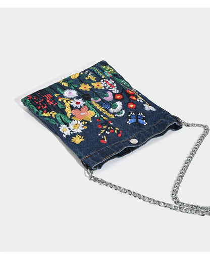 Embroidered Flowers Women Cowboy Shoulder Bag Fashion Chain Ladies Messenger Bags Denim Handbag Personality Trend Student Bag