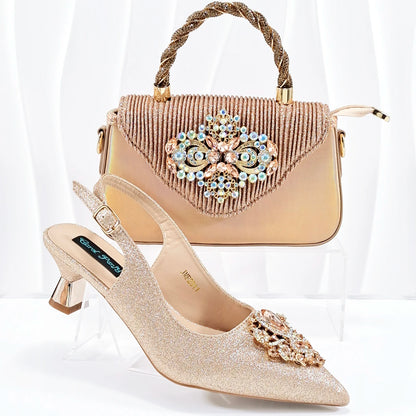 2025  Latest Italian Design Italian Women's High Heel Pointed Toe Sandals  Wedding Party Silver Color Shoes and Bags Set