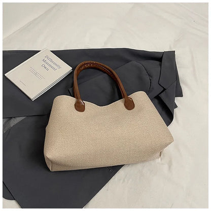 CLAREGQI  Women's Large Capacity Canvas Tote Bag, Leather Handle Shoulder Underarm Bag, Versatile Casual Commuter & Travel Handb
