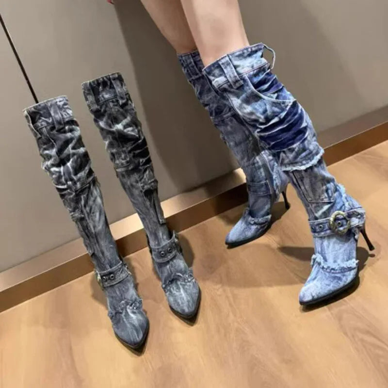 Washable jeans Eyelet Belt Denim Knee Boots Autumn Thin High Heels Side Pocket Frazzle Cowboy Woman Boots Knight Botas Shoes