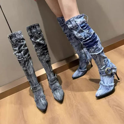 Washable jeans Eyelet Belt Denim Knee Boots Autumn Thin High Heels Side Pocket Frazzle Cowboy Woman Boots Knight Botas Shoes