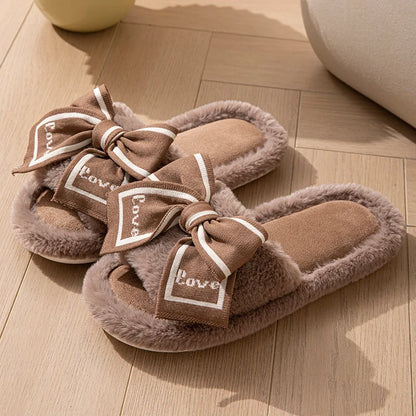 Love Fluffy Women's Slippers House Bow Luxury Designer Woman Shoes Flats Fuzzy Fur Slides Home Spring Autumn Elegant Soft Sole