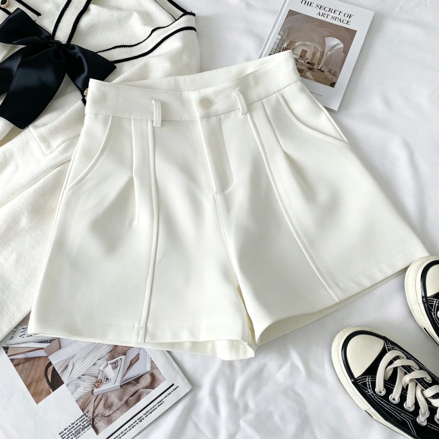 Casual Women A-Line Shorts Fashion Office Lady Commute Vintage Solid High Waist Short Pants Casual Streetwear Summer Trousers
