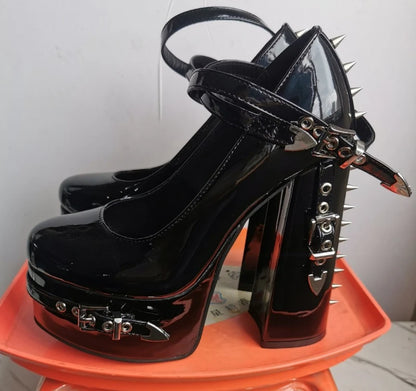 Punk Style Black Rivet Buckle High Heels Women's Trendy Gothic Sizes 36-47 Waterproof Platform Belt Buckle Thick Heel Nude Shoes