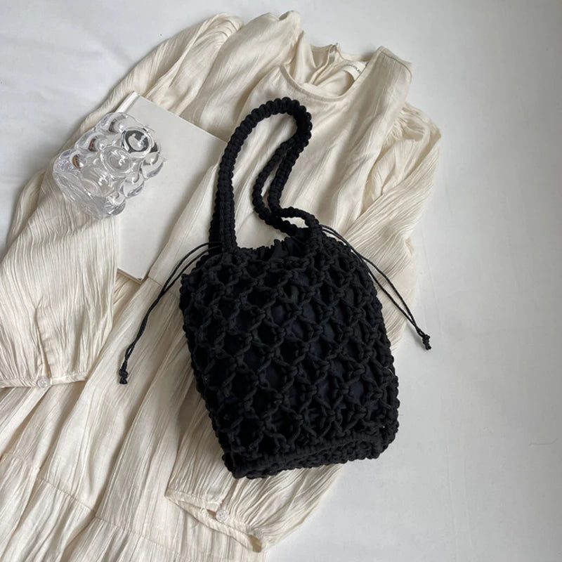 Summer Beach Bag For Women Mesh Rope Knitted Bucket Shoulder Bags  Reticulate Hollow Travel Shopper Totes Ladies Fashion Handbag