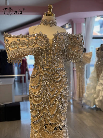 Nude Crystal Beaded Mermaid Wedding Dresses with Choker Sparkly Rhinestone Dubai Woman Formal Party Robe De Mariee Customized