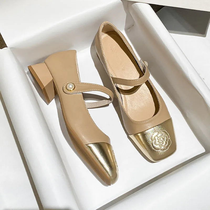 Fashion Mary Jane Women's Shoes 3cm Wide Heel Pumps Embroidered Flowers Pearl Buckle Strap Mary Jane Shoes Luxury Leather Heels