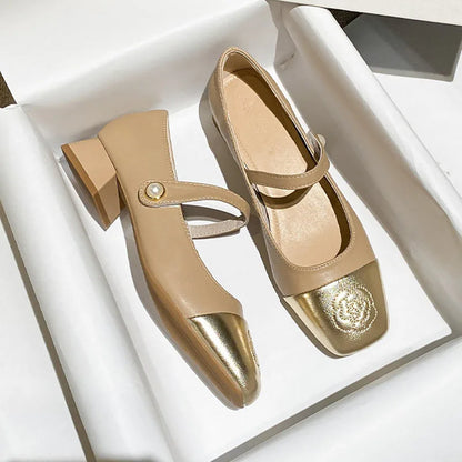 Fashion Mary Jane Women's Shoes 3cm Wide Heel Pumps Embroidered Flowers Pearl Buckle Strap Mary Jane Shoes Luxury Leather Heels