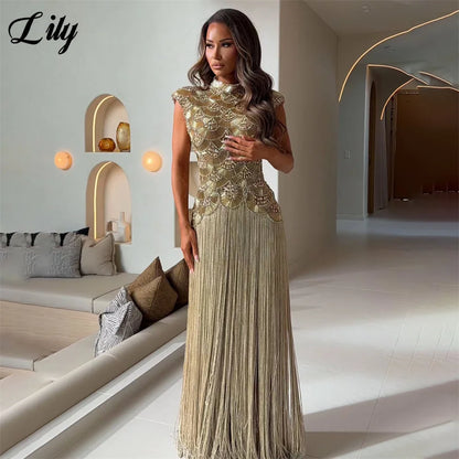 Lily Gold Evening Dress High Neck Cap Sleeve Party Dress Crystal Mermaid Vestidos De Fiesta Tassel Luxury Prom Gowns Customized