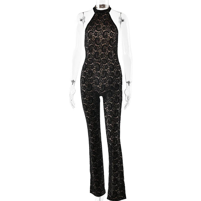 Mozision Lace Backless Sexy Jumpsuit Women Rompers Halter Off-shoulder Sleeveless Skinny Club Party Jumpsuits Female Clothes