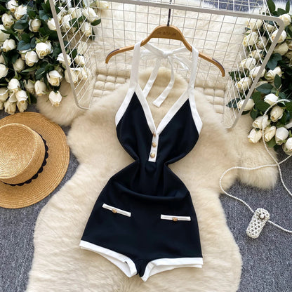 SINGREINY Ins Beach Jumpsuits Ladies Halter Sleeveless Button Design Backless Bodysuits American Retro Solid OL Slim Playsuits