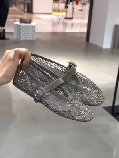 2026 New Model~ Fishnet Rhinestone Ballet Flat Mary Jane Women's Shoes with Hollowed-Out Strap