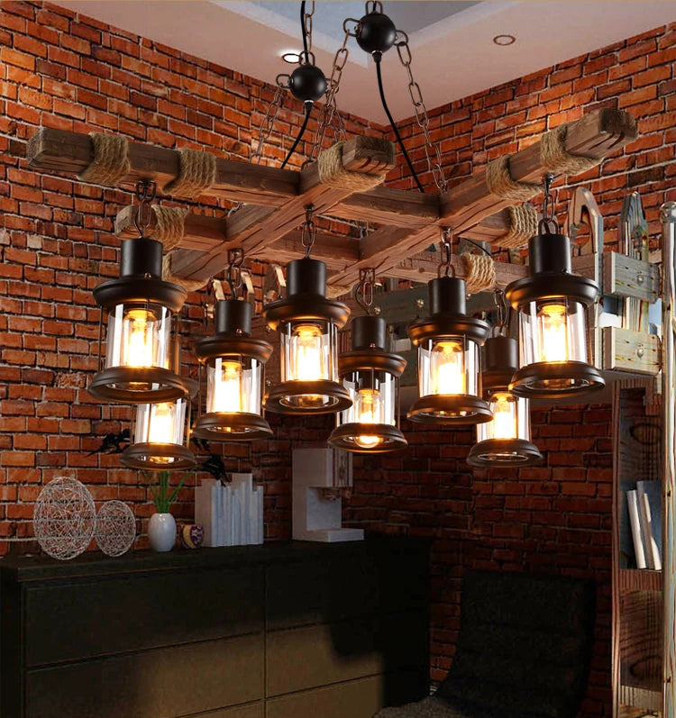 8 Lights Retro Wood Pendant Lights 8 Head Vintage Industrial Loft Glass Iron LED Chandelier Suspension Lamp Wooden Droplight