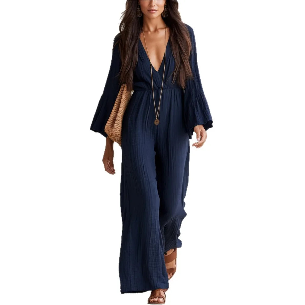 Women Sexy Deep V Neck Flare Sleeve Jumpsuits Spring Autumn Solid Crinkle High Waist Loose Casual Holiday Wide Leg Pants Romper