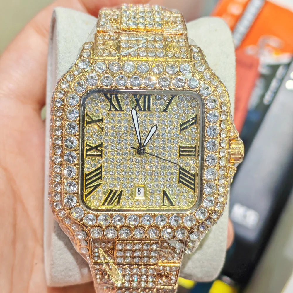 Classic Blue Black Iced Out Quartz Watch Men Full Diamond Watch Male Sliver Vintage Square Shaped Hip Hop Man AAA Clock Reloj