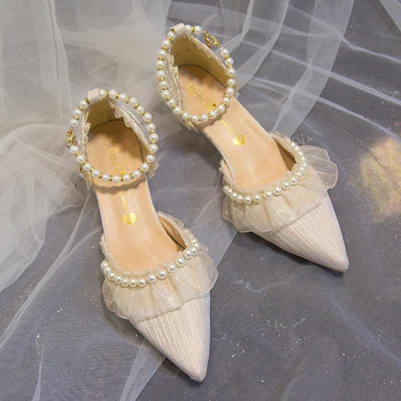 Elegant Pearl Weddings Bridal Pumps for Women 2026 Summer Silk Ankle Straps High Heels Shoes Woman Pointed Toe Dress White Shoes