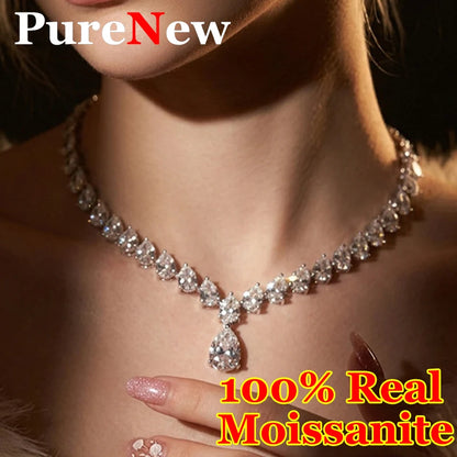 PureNew 30CT Luxury Pear Full Moissanite Chain For Women 925 Silver Plated 18k Gold D Color Women's Moissanite Weeding Necklace