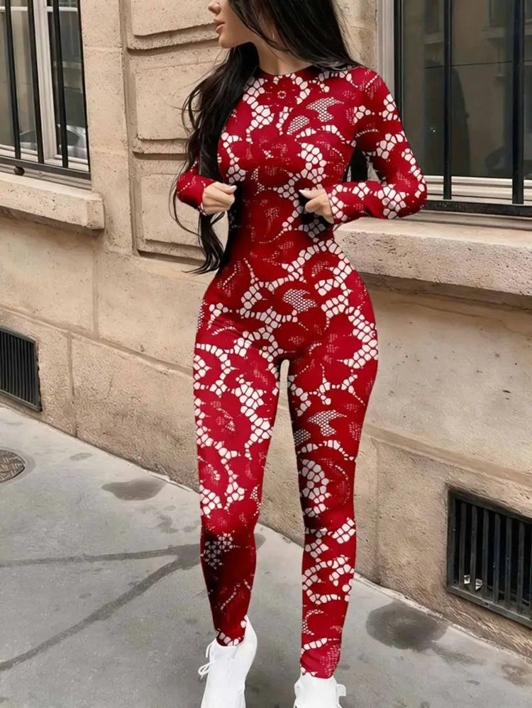 Round neck long sleeved tight fitting jumpsuit elastic slim fit women's spicy style jumpsuit pants