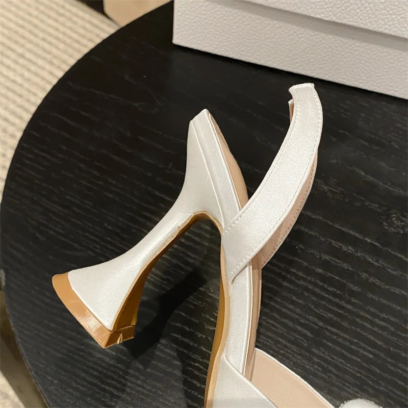 Liyke Fashion Sequined Crystal Bowknot Women Pumps Sexy Pointed Toe Red High Heels Wedding Banquet Shoes Ladies Slingback Sandal