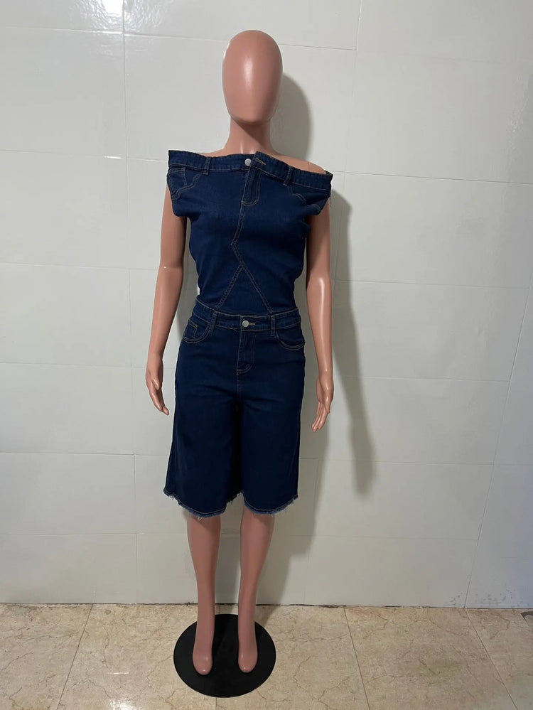 Jumpsuits Women Denim One Piece Short Sleeve Overalls Knee Length Pants Tight Waist Rompers Y2k Streetwear Slash Neck 2026
