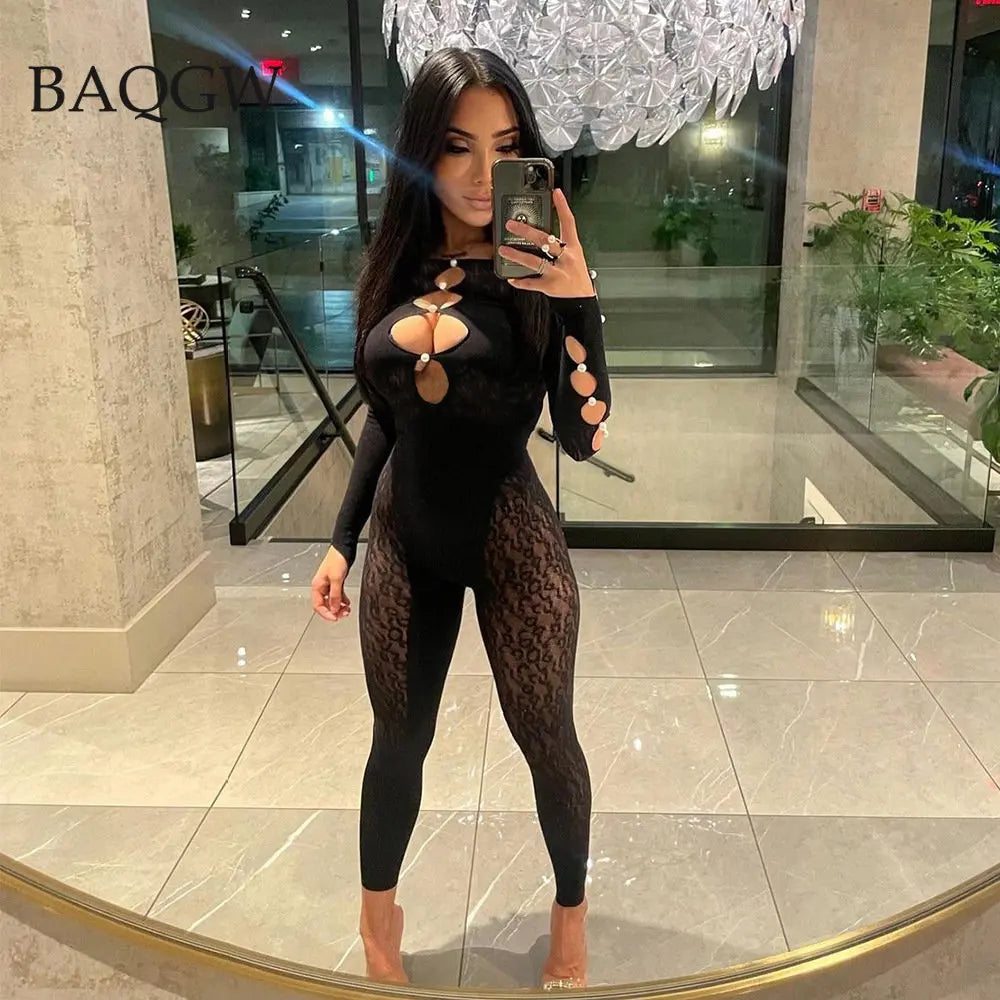 Sexy Deep V Neck Cut Out Mesh Hollow Out Slim Jumpsuit Women Print Long Sleeve Button See Through Pencil Pants One Piece Rompers