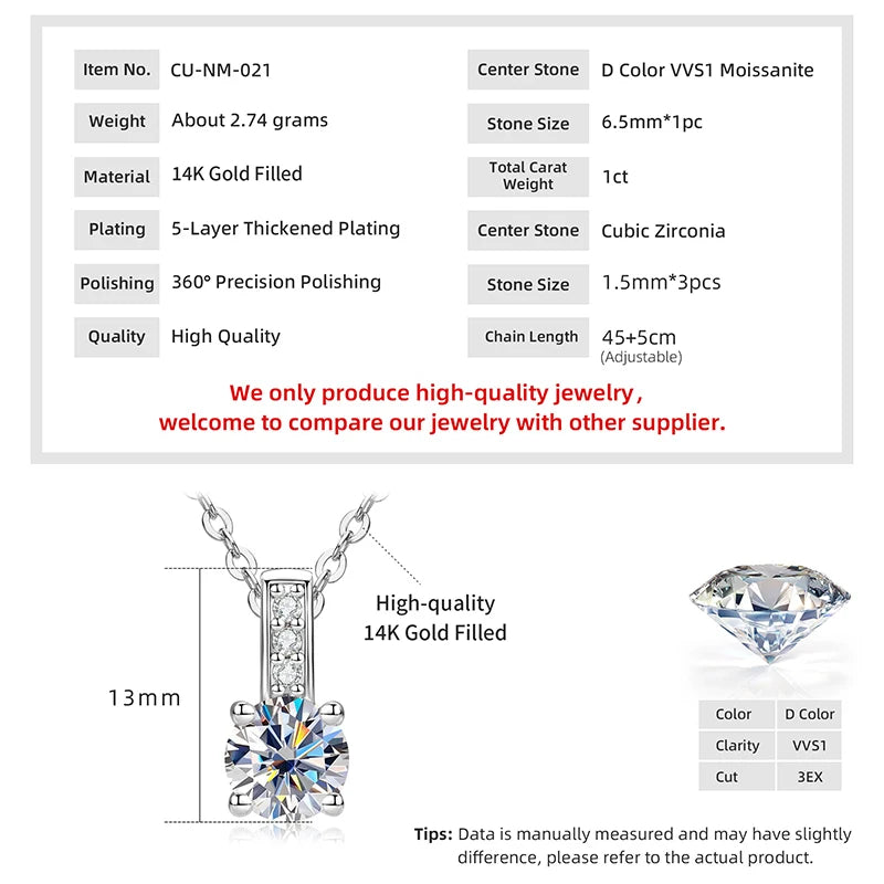 RAPRGOLD 6.5mm Round Cut Moissanite Classic Pendant Necklaces for Women Chains Friend Neck Fine Jewelry Gifts with Certificate