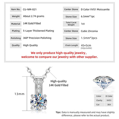 RAPRGOLD 6.5mm Round Cut Moissanite Classic Pendant Necklaces for Women Chains Friend Neck Fine Jewelry Gifts with Certificate