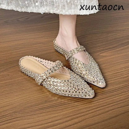 Luxury Rhinestone Pointed Toe Slippers for Women Sexy Backless Flats Mules Sandals Elegant Party Dress Mary Jane Shoes Ladies