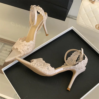 Luxury Lace Embroidery Ankle Strap Buckle Women Gladiator Sandals Elegant Thin High heels Summer Fashion Party Wedding Shoes