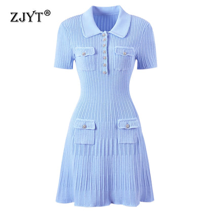 ZJYT Runway 2025 Women's Fashion Summer Knitted Sweater Dress Designer Turn-Down Collar Mini Party Dress Blue White Vestidos