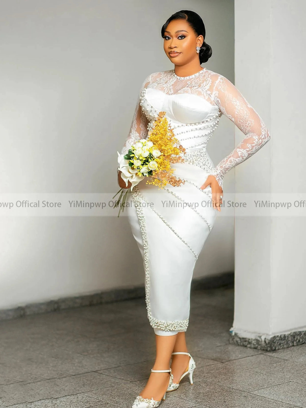 Luxury Wedding Dresses for Bride O Neck Long Sleeve Tea Length Pearls Aso Ebi Satin Court Bridal Reception Dress Customized