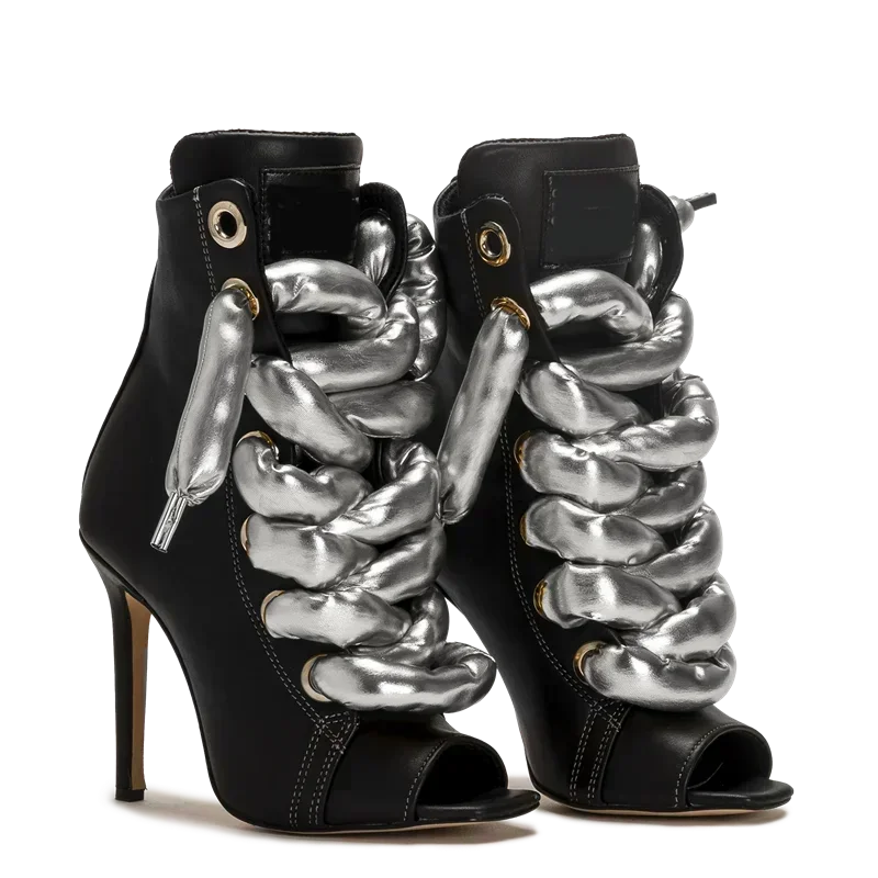 Peep Toe Corss Tied Patchwork Ankle Boots Sexy Square Toe Thick Heel New Arrivals Fashion Women Runway Shoes