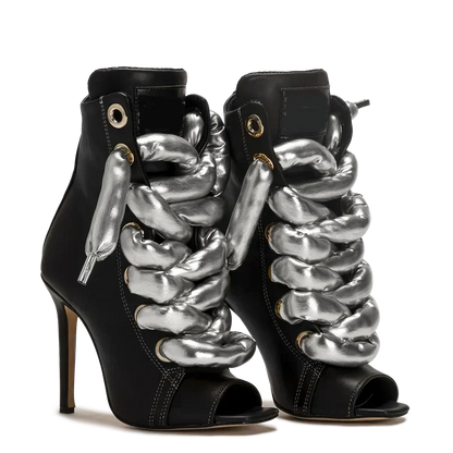 Peep Toe Corss Tied Patchwork Ankle Boots Sexy Square Toe Thick Heel New Arrivals Fashion Women Runway Shoes
