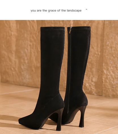 Black Knee High Boots For Women Pointed Toe 10cm High Heel Platform Side Zipper Slim Party Tall Boots Autumn Winter Lady Shoes
