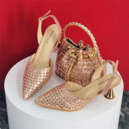 Multicolor Rhinestone Heels & Bag Set | Crystal Pointed Slingback Pumps, Women Wedding Bridal Evening Party Matching Shoes Handb