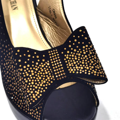 2024 Silver Fashion Square Heels with Platform African Women Shoes and Bag Set Full Crystal Pumps for Wedding Party