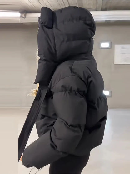 Bear Ear Hooded Women Jacket Drawstring Zippers Cropped Padded Coat Female 2026 Winter Chic Street Fashion Lady Outerwear