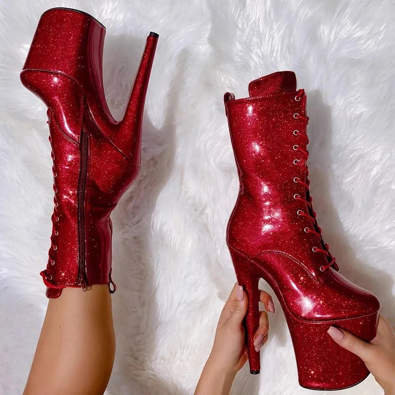 20CM/8Inch Bling Pole Dance Boots Woman Glossy Patent leather Red lace-up Nightclub Shoes Extreme high heel Platform Short Boots
