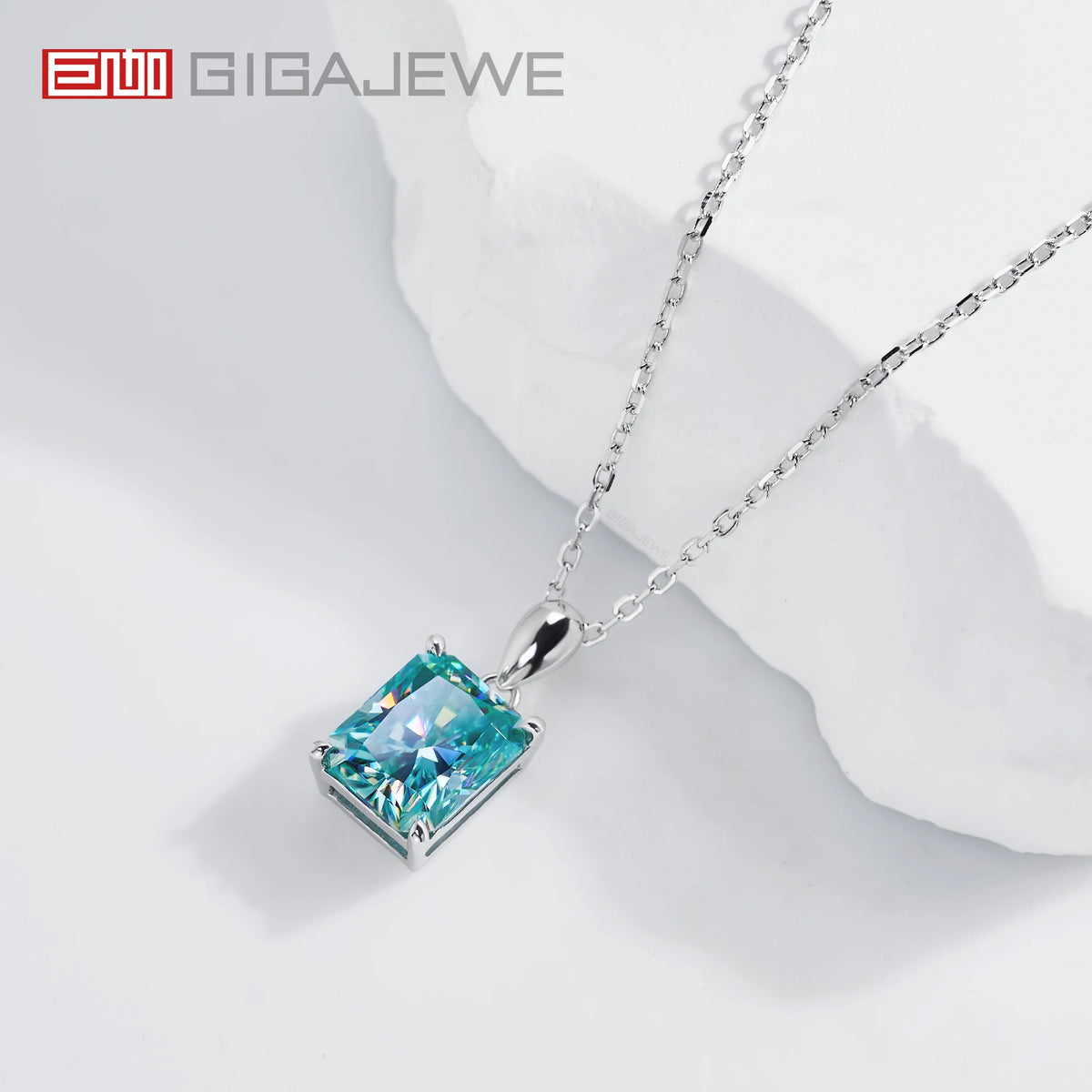 GIGAJEWE  8*10mm 4.0ct Radiant Cut Natural Cyan VVS1 Moissanite 18K White Gold Plated Silver Engagement Necklace Woman Girl Gift