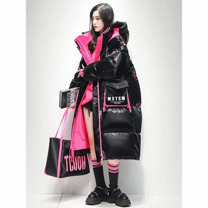 2025 Winter Glossy Waterproof X-long 90% White Duck Down Coat Women Thick Loose Outerwear Warm Down Jacket Hooded Parkas Coats