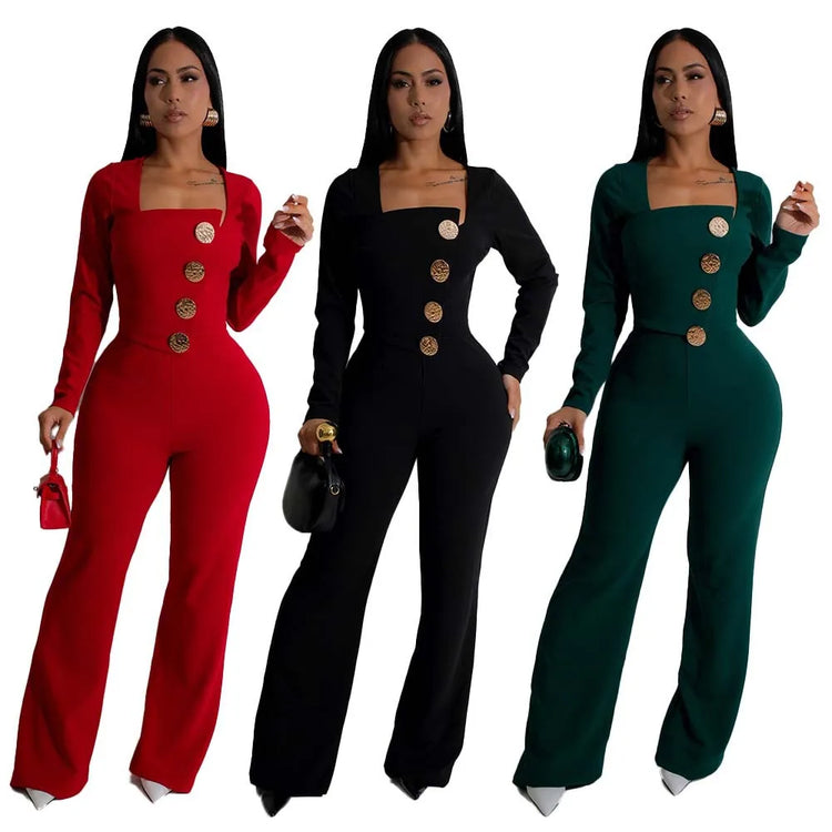 CM.YAYA Elegant Button Long Sleeve Irregular Girl Jumpsuits 2025 Spring Women's Overalls Outfits Night Club Streetwear One Piece