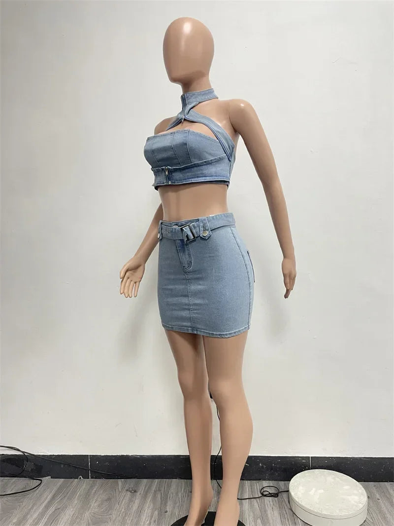 Sexy Denim Two Piece Set Women Y2K Clothes Zipper Halter Hollow Out Backless Crop Top and Mini Skirt Club Party Matching Sets